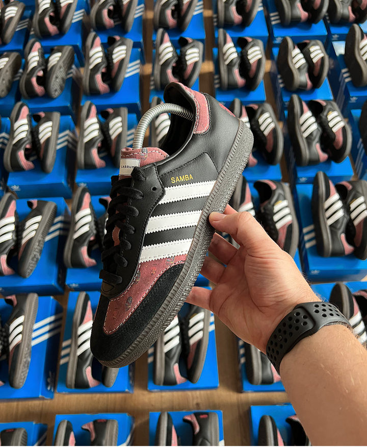 Bulk order of Adidas Sambas customised with material designed by Labrum London