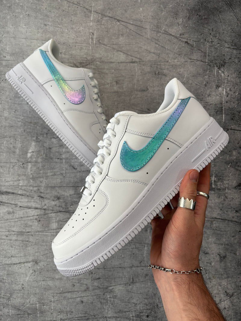 Custom Nike Air Force 1 featuring iridescent colour-changing swooshes designed through our create your own trainer customisation service
