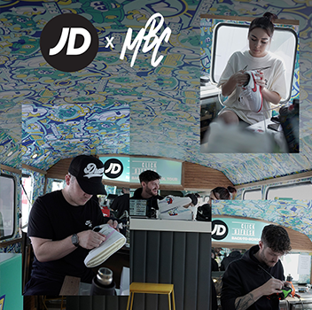 artists hand painting custom sneakers live at the back to school bus JD activation