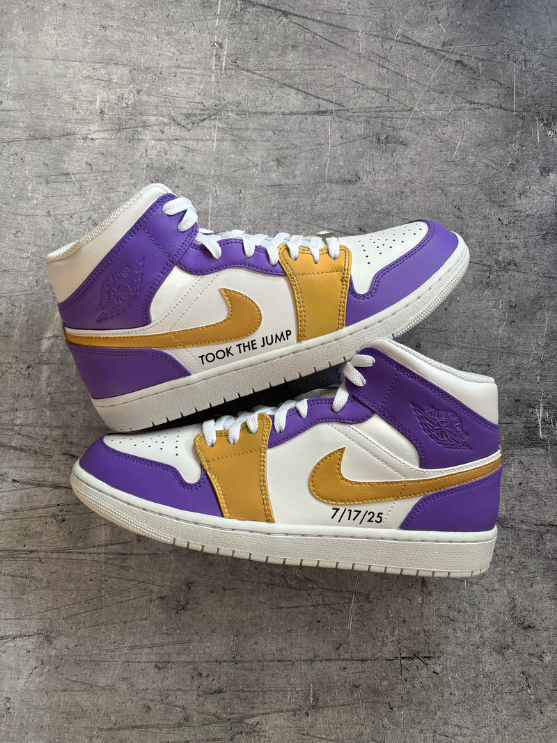 Custom Air Jordan 1 Mid with personalised text, date and purple gold colourway