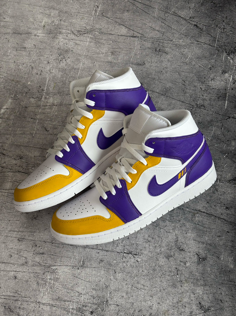 Custom Air Jordan 1 Mid in LA Lakers inspired purple, gold and white colourway