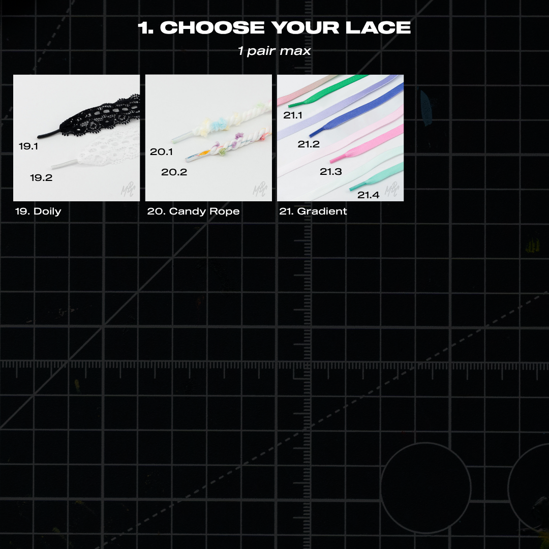 Lace Charm Pack lace options including doily, candy rope and gradient shoe laces for custom sneakers