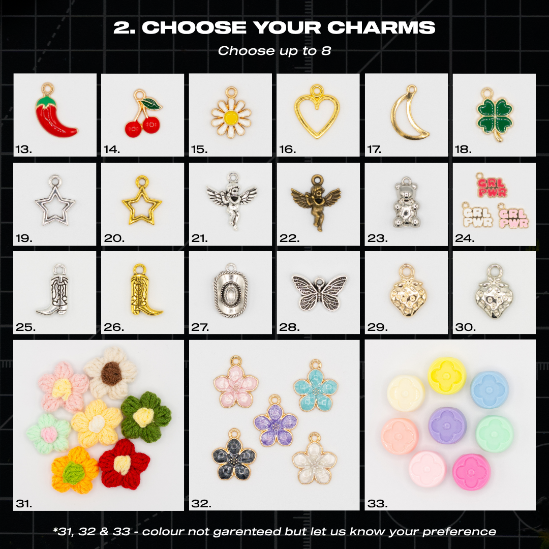 Lace Charm Pack custom shoe charms including cherries, hearts, butterflies, flowers, stars and colourful accessories