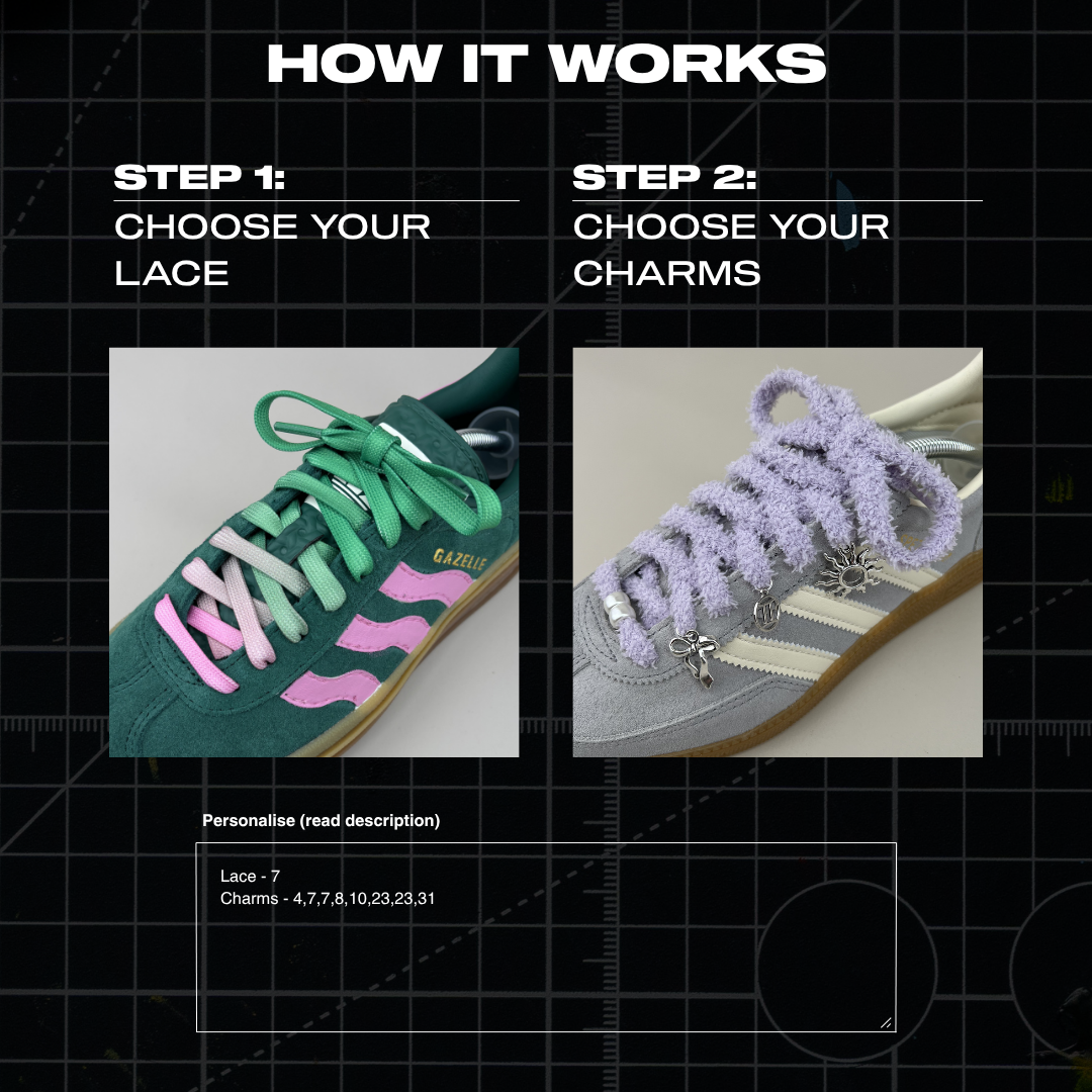 How to personalise your lace charm pack by choosing laces and charms for your trainers