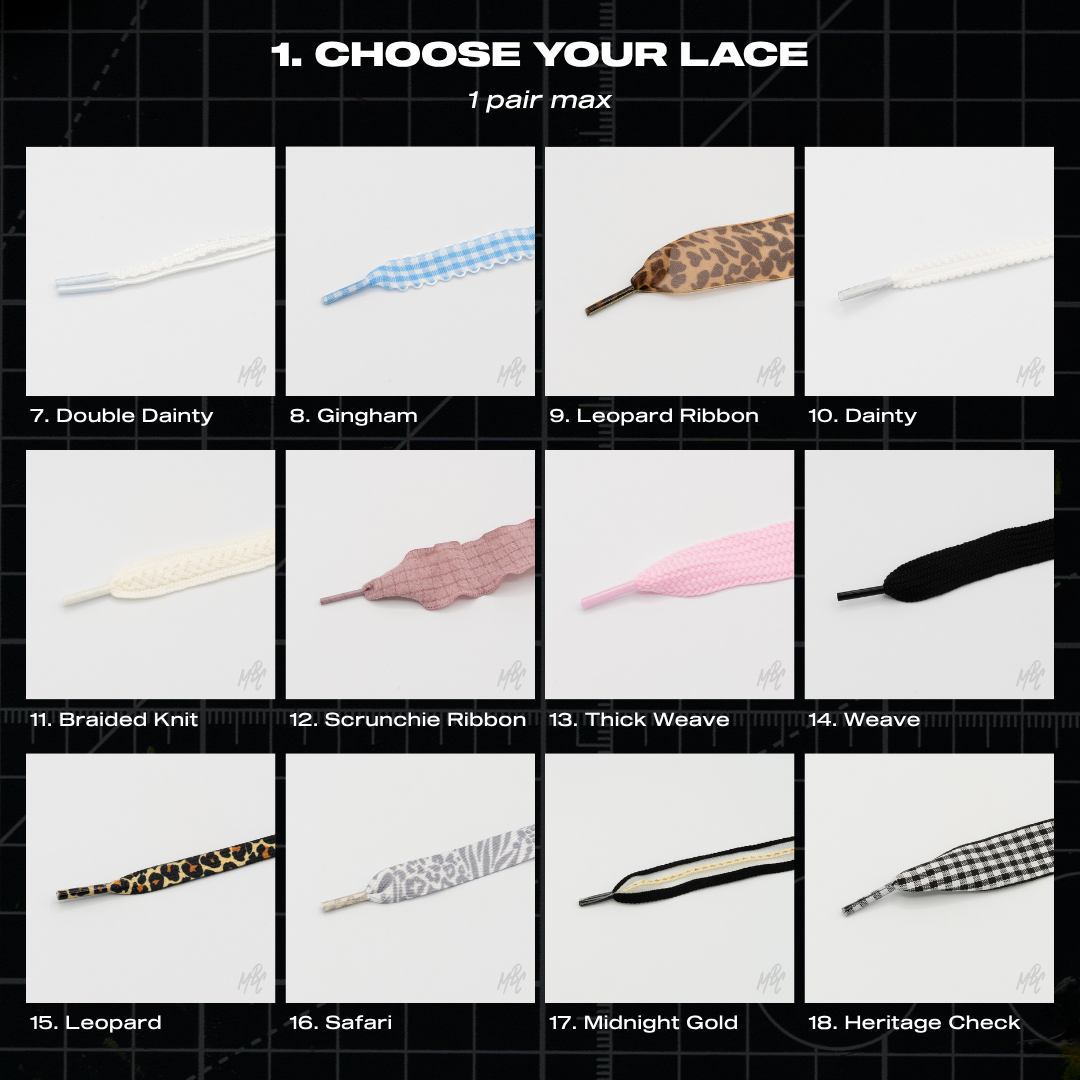 Additional Lace Charm Pack lace styles including gingham, leopard, braided knit, scrunchie ribbon and heritage check laces