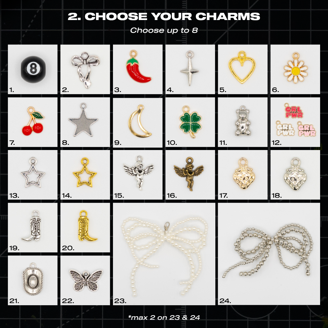 Lace Charm Pack charm selection featuring hearts, stars, cherries, clovers, bows, butterflies and decorative trainer charms