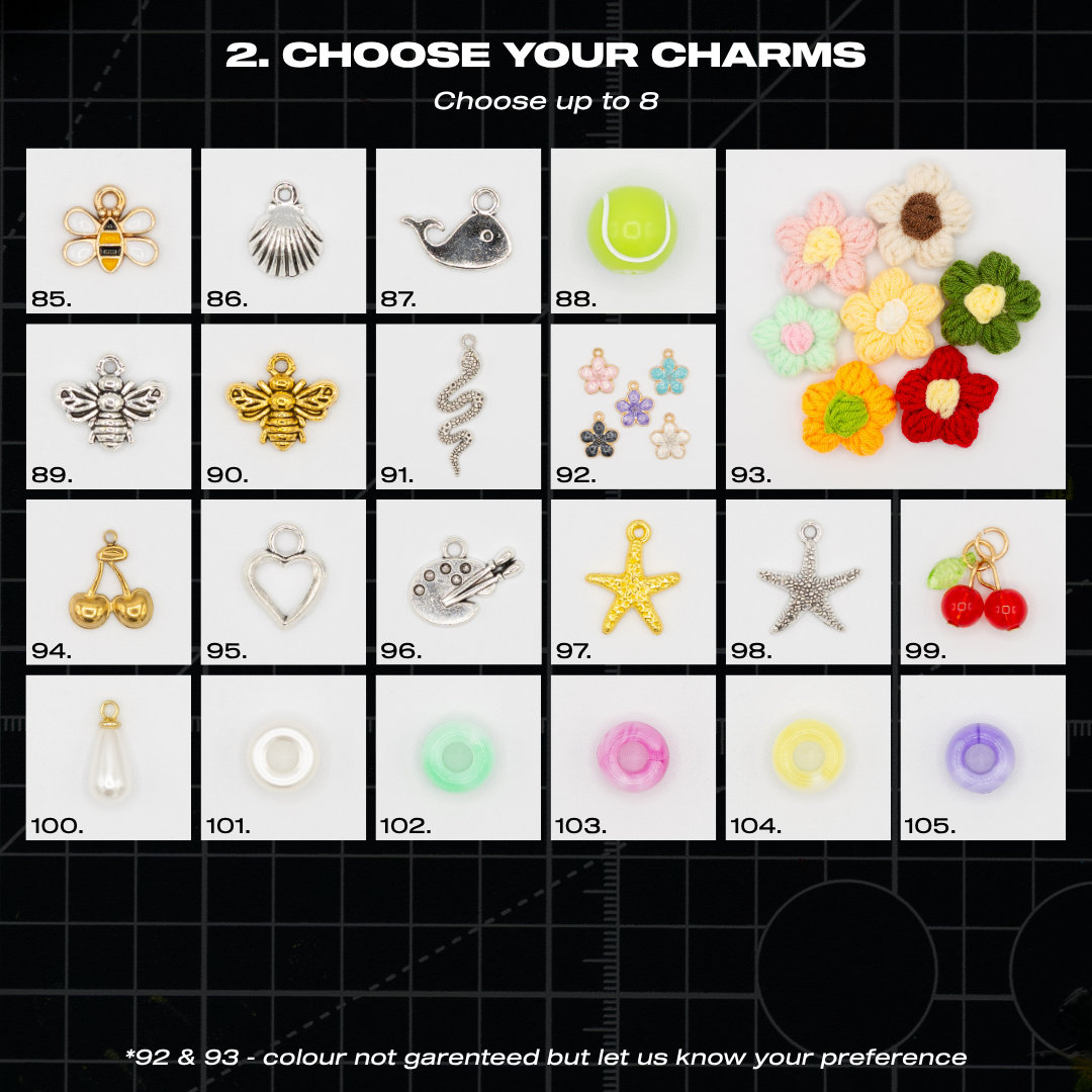 Decorative trainer charms including bees, flowers, cherries, starfish, tennis ball charms and colourful lace accessories