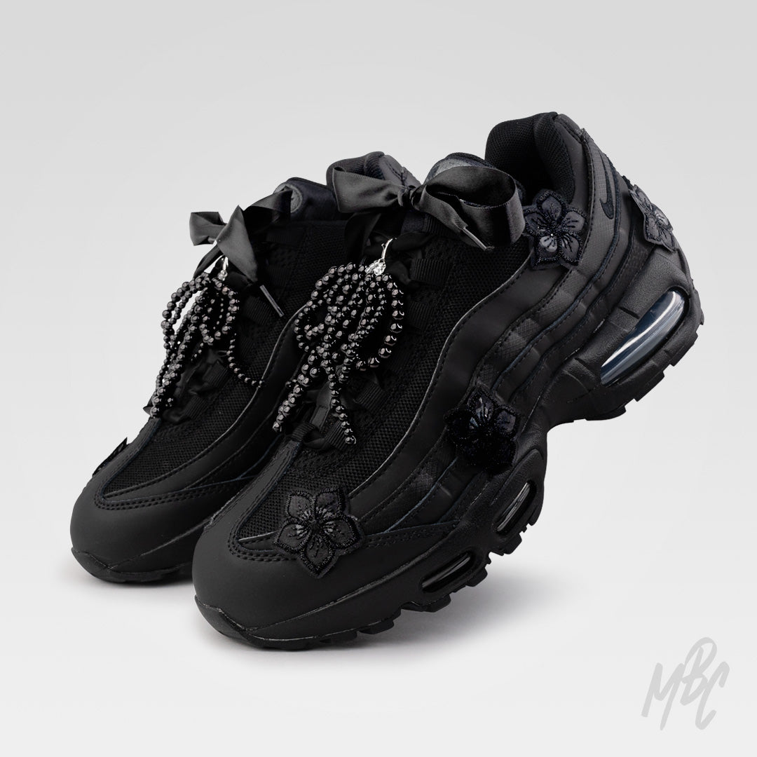 Midnight Veil custom Nike Air Max 95 with black floral lace appliqué, satin ribbon laces and black beaded bow lace charms.