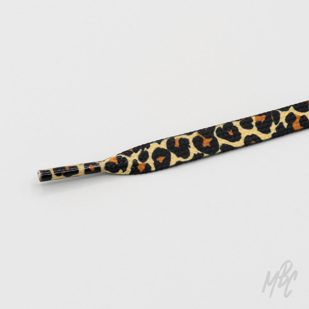 Leopard print flat sneaker laces with tan, black and orange pattern for custom trainers and statement sneakers