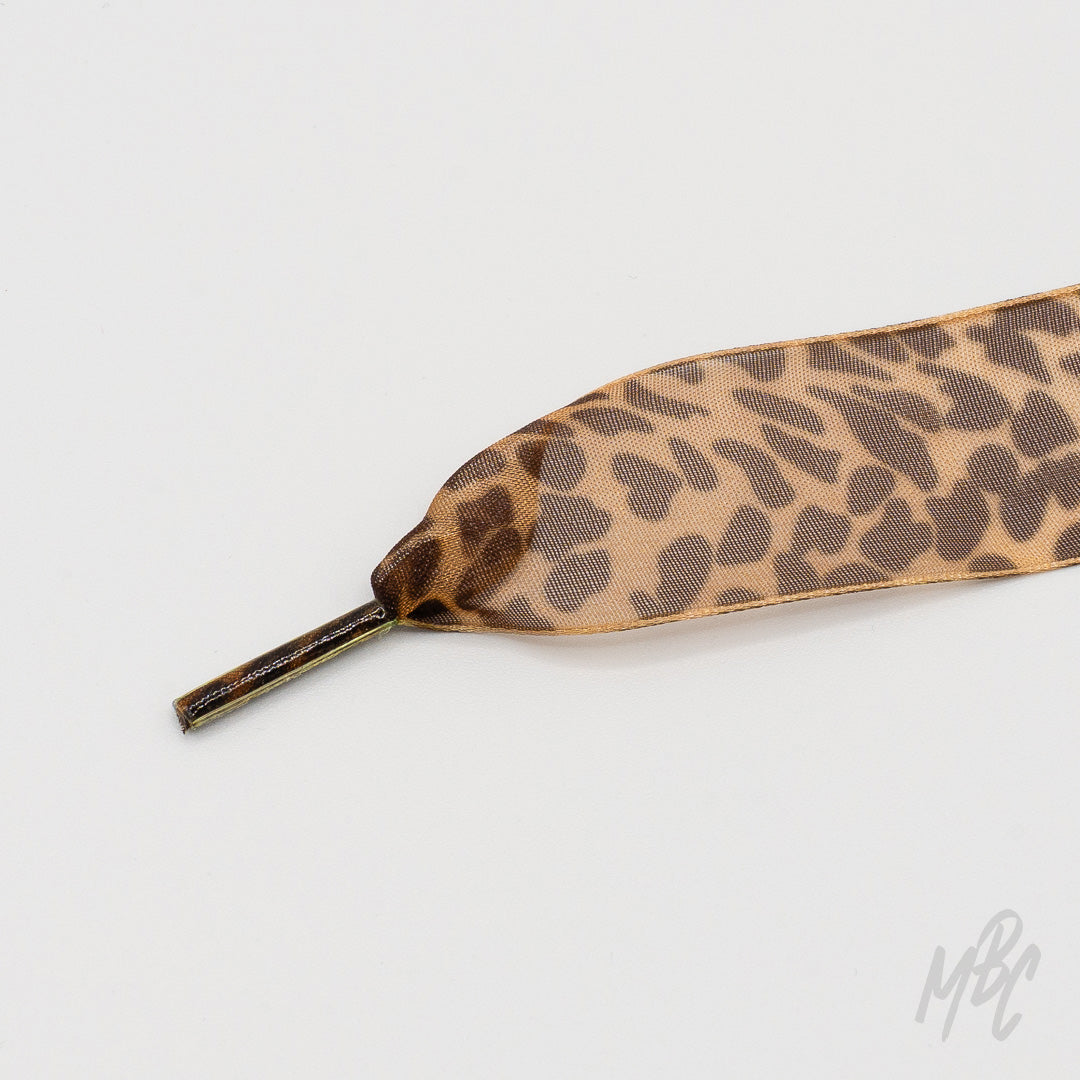 Leopard print ribbon sneaker laces with satin finish for custom trainers, fashion sneakers and footwear styling