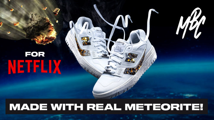 Custom New Balance 550 trainers with meteorite design for Don't Look Up film