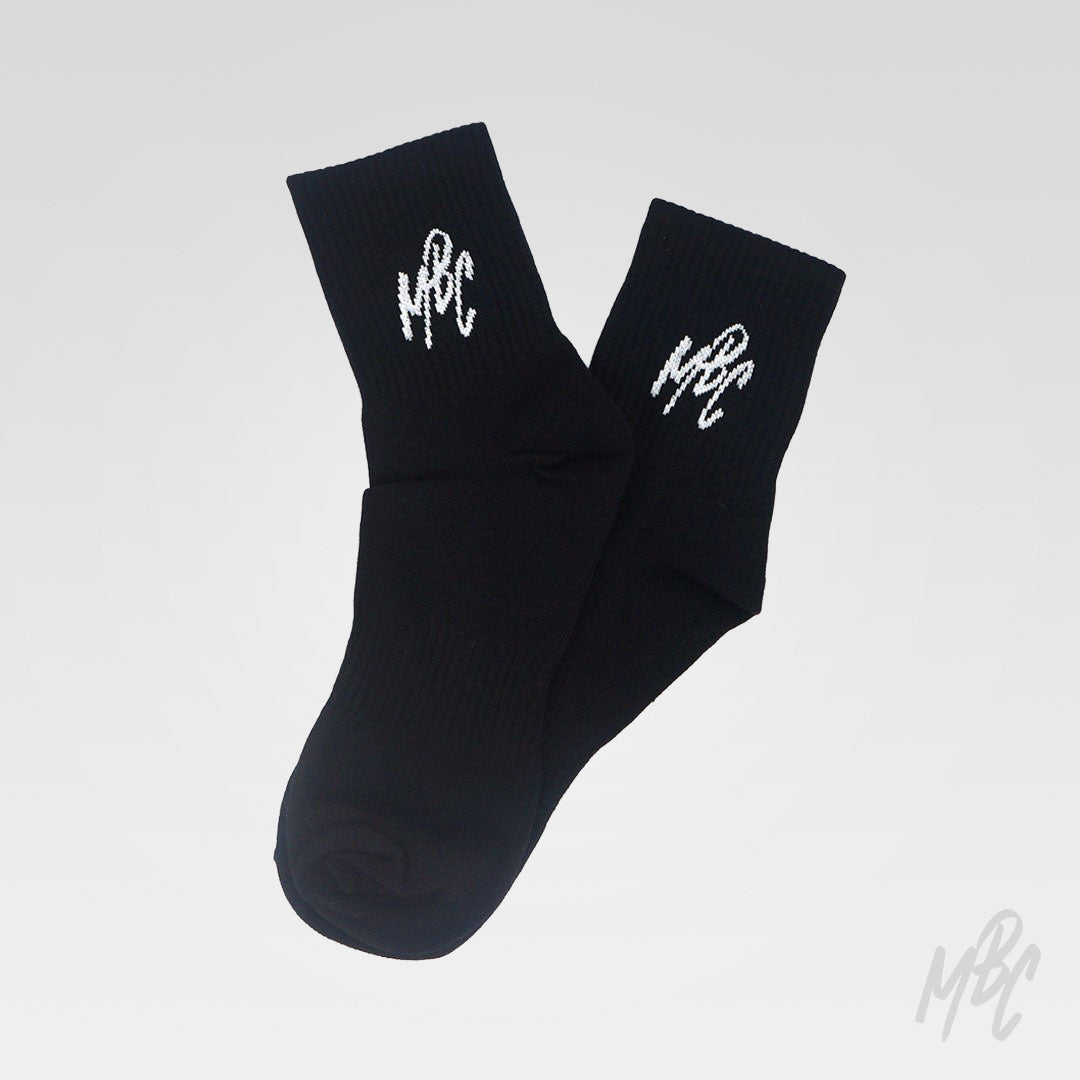 Black MBC crew socks featuring embroidered MattB Customs logo, premium everyday streetwear socks
