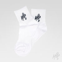 White MBC crew socks featuring embroidered MattB Customs logo, premium cotton blend lifestyle socks