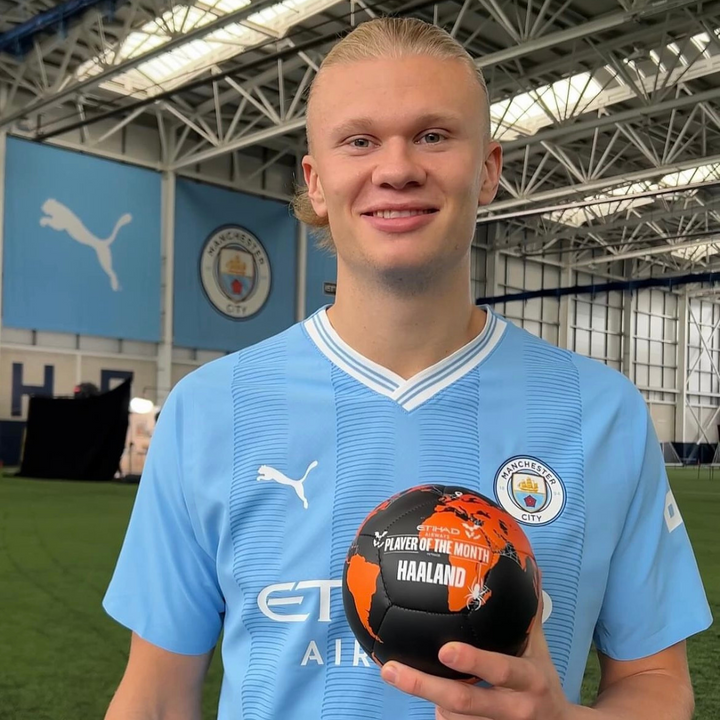 Haaland holding his Manchester City Player of the Moth custom football