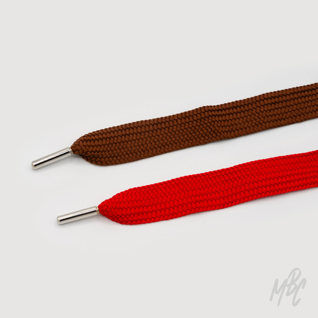 Brown and red thick flat sneaker laces with premium metal aglets for custom trainers and luxury sneaker customisation