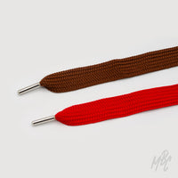 Brown and red thick flat sneaker laces with premium metal aglets for custom trainers and luxury sneaker customisation