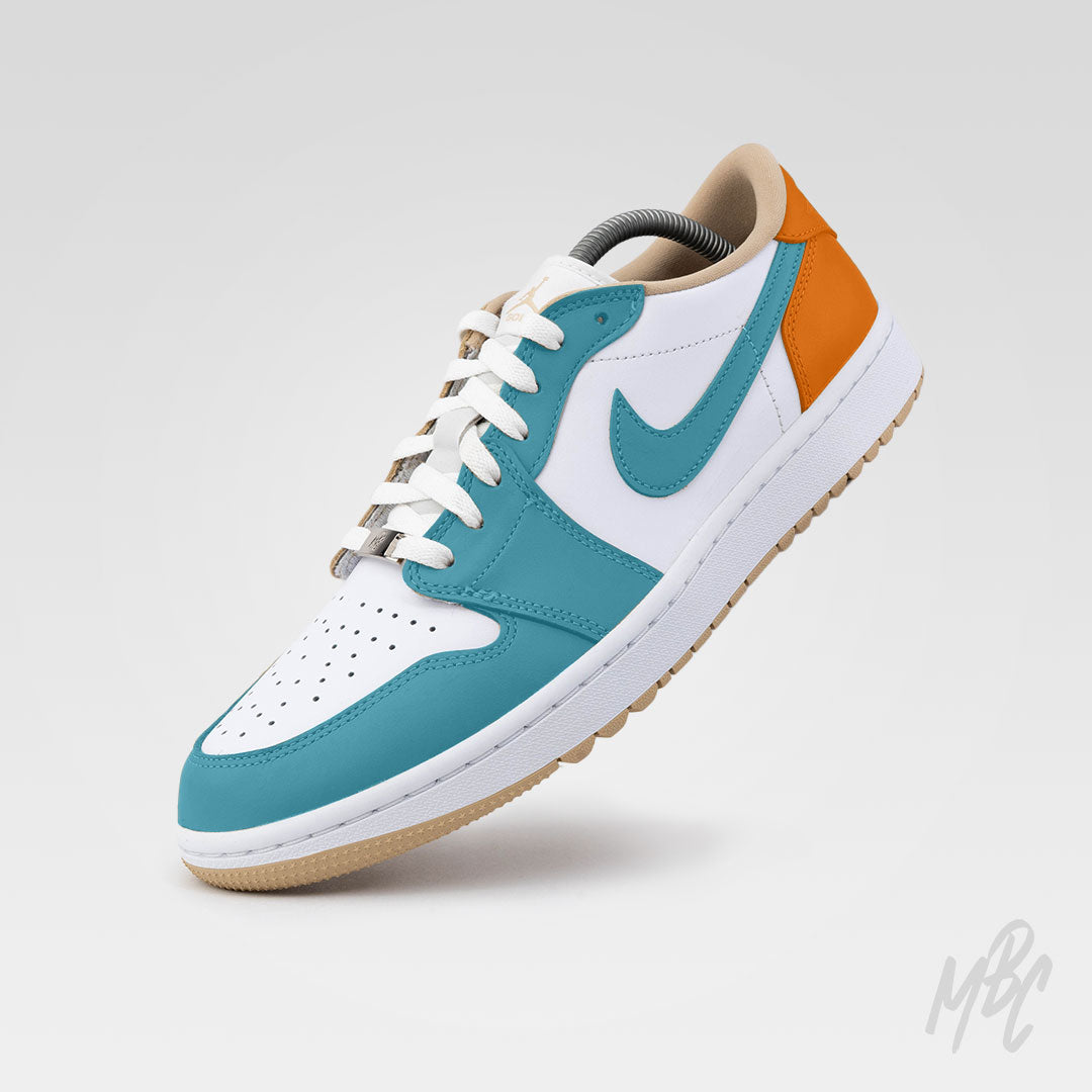 Miami Country Club custom Nike Air Jordan 1 Low Golf sneaker in teal, white and orange colourway