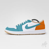 Custom Jordan golf shoes Miami Country Club Air Jordan 1 Low with teal swoosh and orange heel