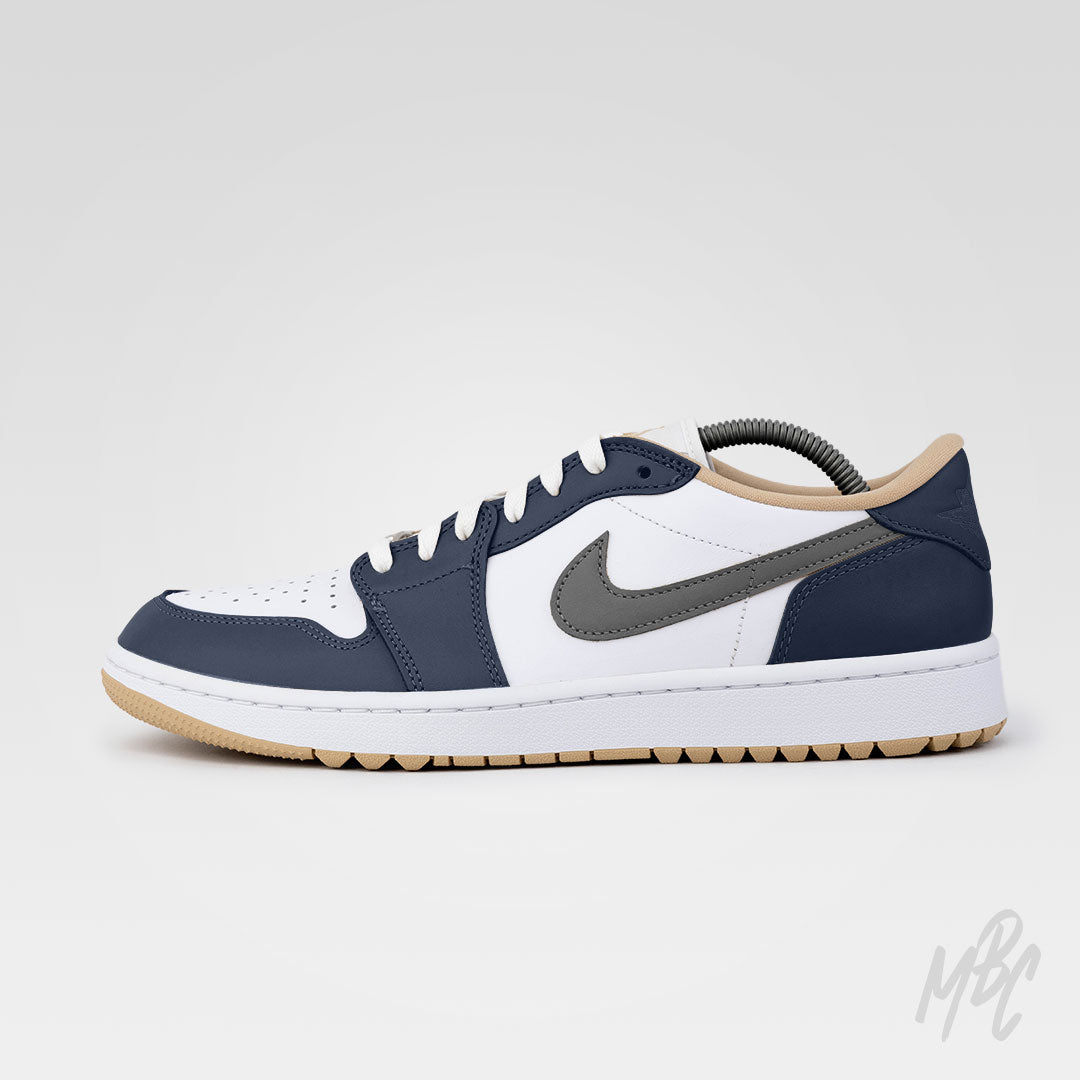 Custom Jordan golf shoes Midnight Tour Air Jordan 1 Low Golf with navy overlays, white base and grey swoosh detail