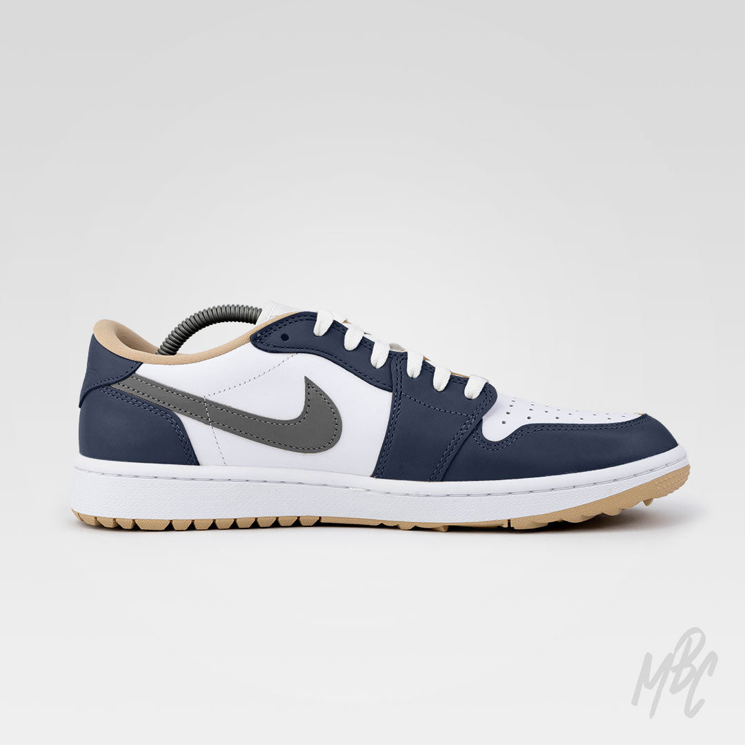 Custom golf shoes Nike Air Jordan 1 Low Golf Midnight Tour colourway in navy, white and grey premium leather