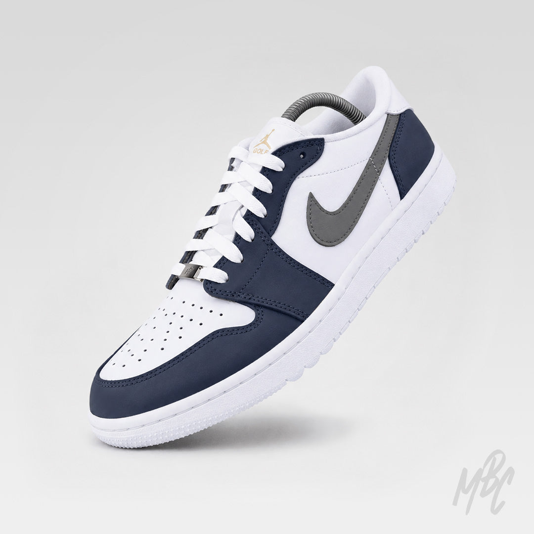 Midnight Tour custom Nike Air Jordan 1 Low Golf sneaker with navy and white leather panels and grey swoosh