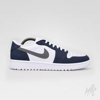 Custom golf shoes Nike Air Jordan 1 Low Golf Midnight Tour colourway in navy, white and grey premium leather