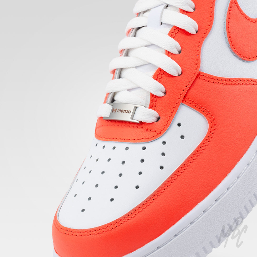 Custom Engraved Monzo Lace Locks - Custom Engraved Dubrae on Custom Nike Air Force 1 Sneaker in Orange Colourway