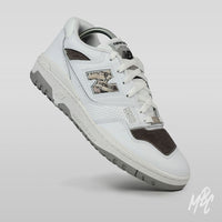 Custom New Balance 550 trainers with vintage carpet material added to the N logo and grey corduroy material added to the toe and heel area. 