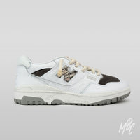 Custom New Balance 550 trainers with vintage carpet material added to the N logo and grey corduroy material added to the toe and heel area with thin thick rope laces.
