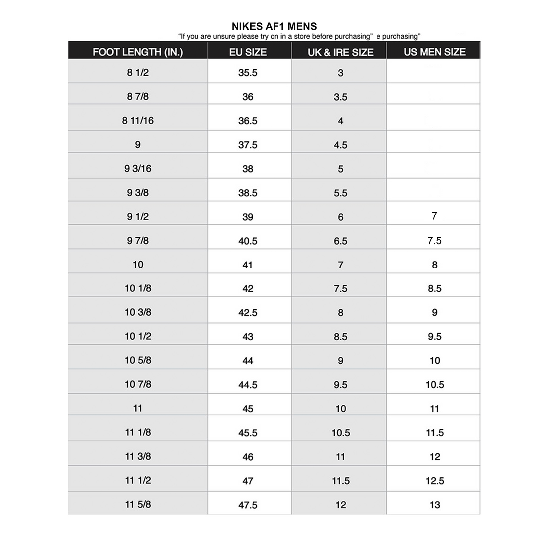 Nike af1 size 2024 chart