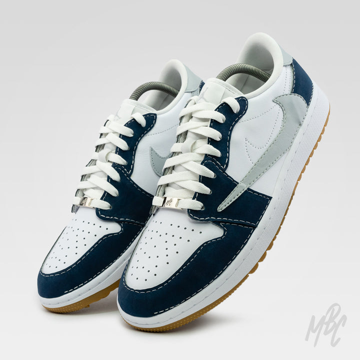 Navy Reverse Swoosh Suede Jordan 1 Low Golf Custom Sneakers