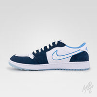 Side profile of Navy Suede Jordan 1 Low Golf custom golf shoe featuring navy suede panels, white leather and blue accent detailing