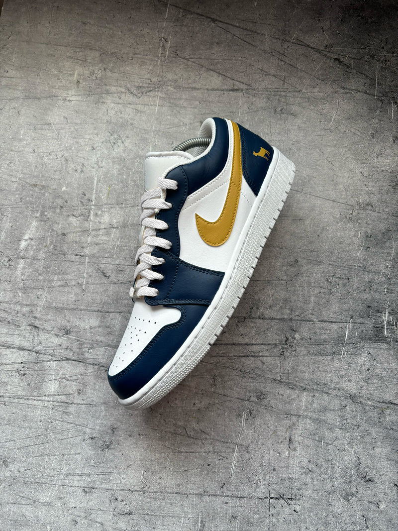 Custom Jordan 1 Low in navy blue and gold colourway with personalised golfer silhouette detail