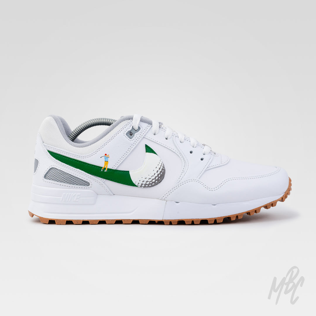 Custom Nike Pegasus 89 Golf sneaker customised with green swoosh and golfer hitting ball illusion