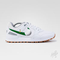 Custom Nike Pegasus 89 Golf sneaker customised with green swoosh and golfer hitting ball illusion