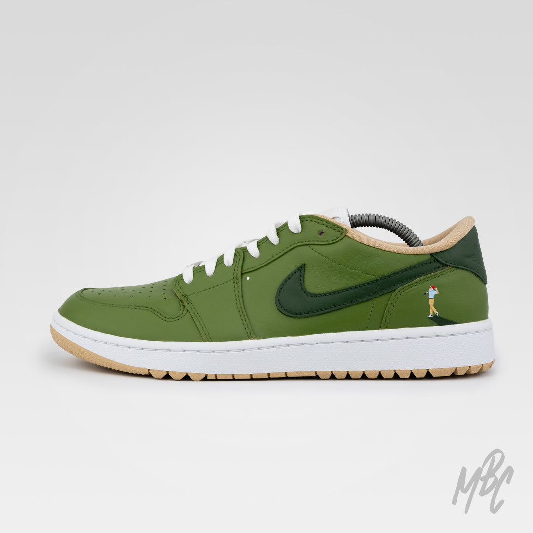 Custom Jordan 1 Low Off The Tee sneaker with golfer illustration heel detail side view