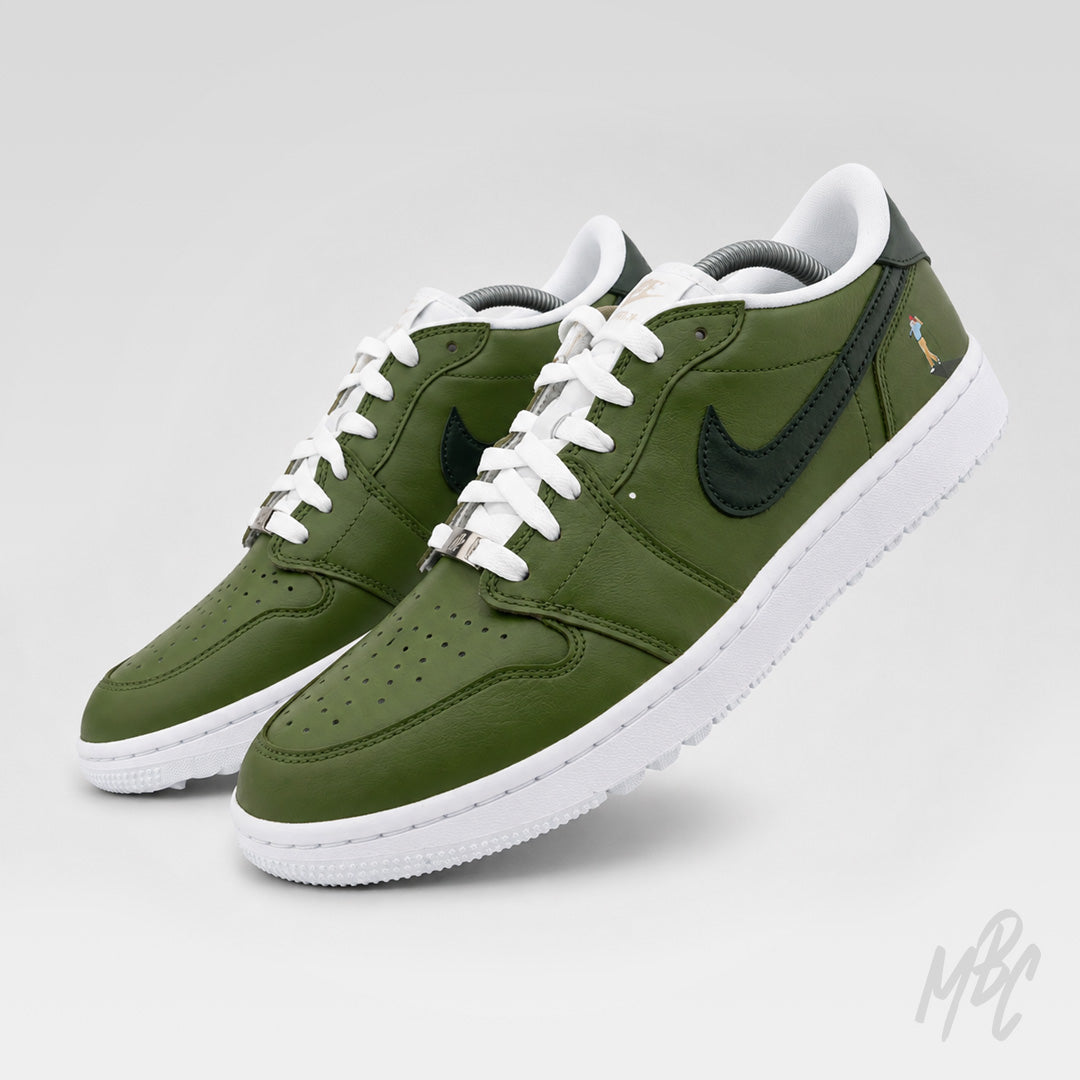 Custom Jordan 1 Low Off The Tee green and white golf sneakers pair angled view