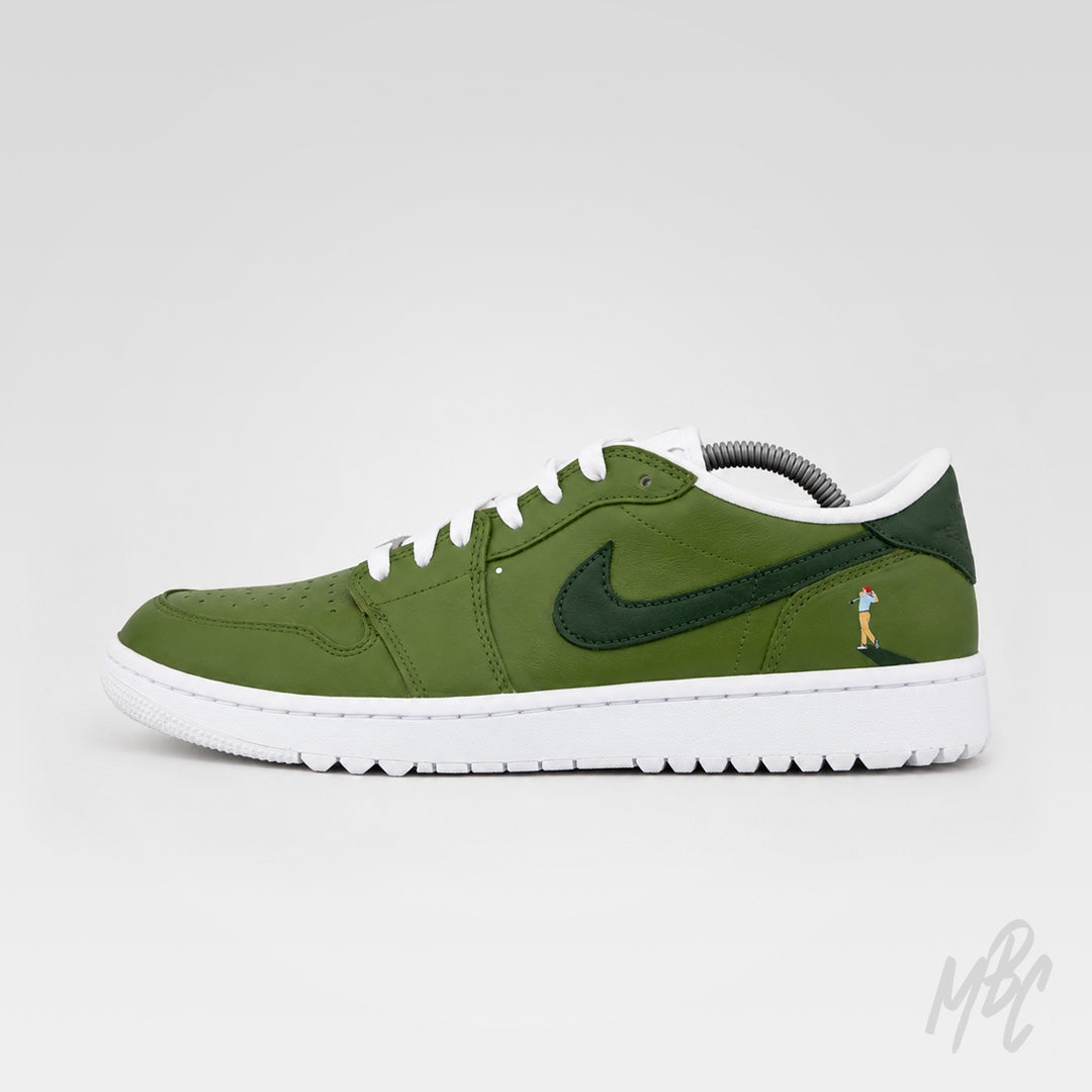 Custom Jordan 1 Low Off The Tee sneaker with golfer illustration heel detail side view