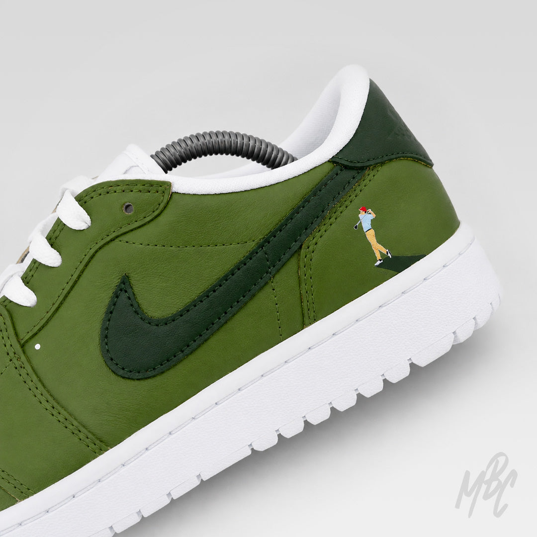 Custom Jordan 1 Low Off The Tee green golf sneaker with hand-painted golfer heel detail