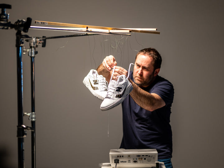 behind the scenes photoshoot of Dibiasky New Balance 550 shoes with meteorite