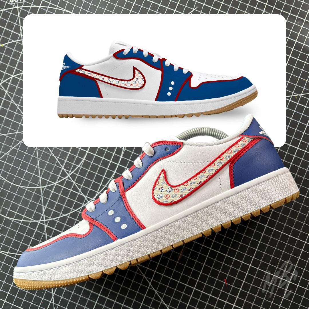 Custom Nike Jordan 1 Low Golf sneaker with blue and red colourway, patterned swoosh and matching golf shoe mock-up design