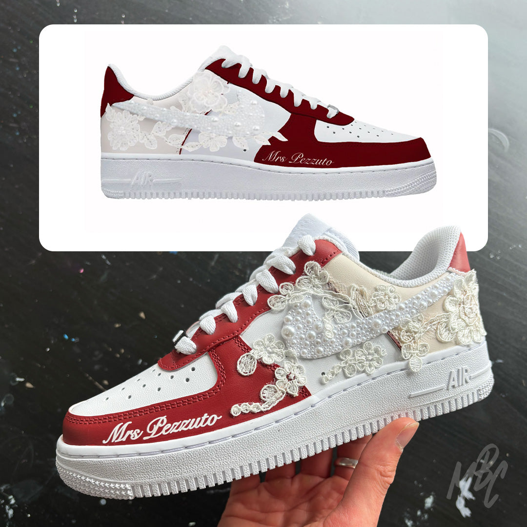 Custom red and white Nike Air Force 1 wedding sneaker with pearl swoosh, lace floral detailing and matching wedding mock-up concept