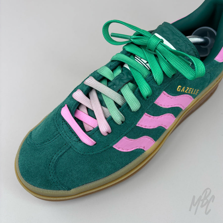 Watermelon Gradient Shoelaces on Adidas Green Gazelle Custom Sneaker