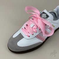 Pink Ribbon Shoelaces on Adidas Samba on Custom Sneakers