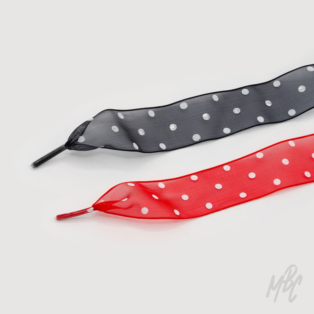 Black and red sheer ribbon sneaker laces with white polka dot pattern for custom trainers and fashion footwear