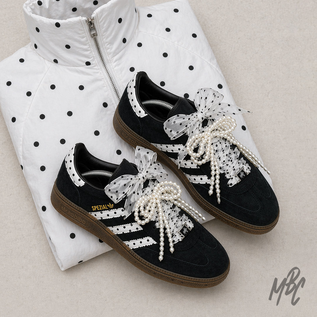 Custom adidas Spezial polka dot trainers with pearl laces and sheer ribbon bows, styled with matching polka dot outfit