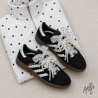 Custom adidas Spezial polka dot trainers with pearl laces and sheer ribbon bows, styled with matching polka dot outfit