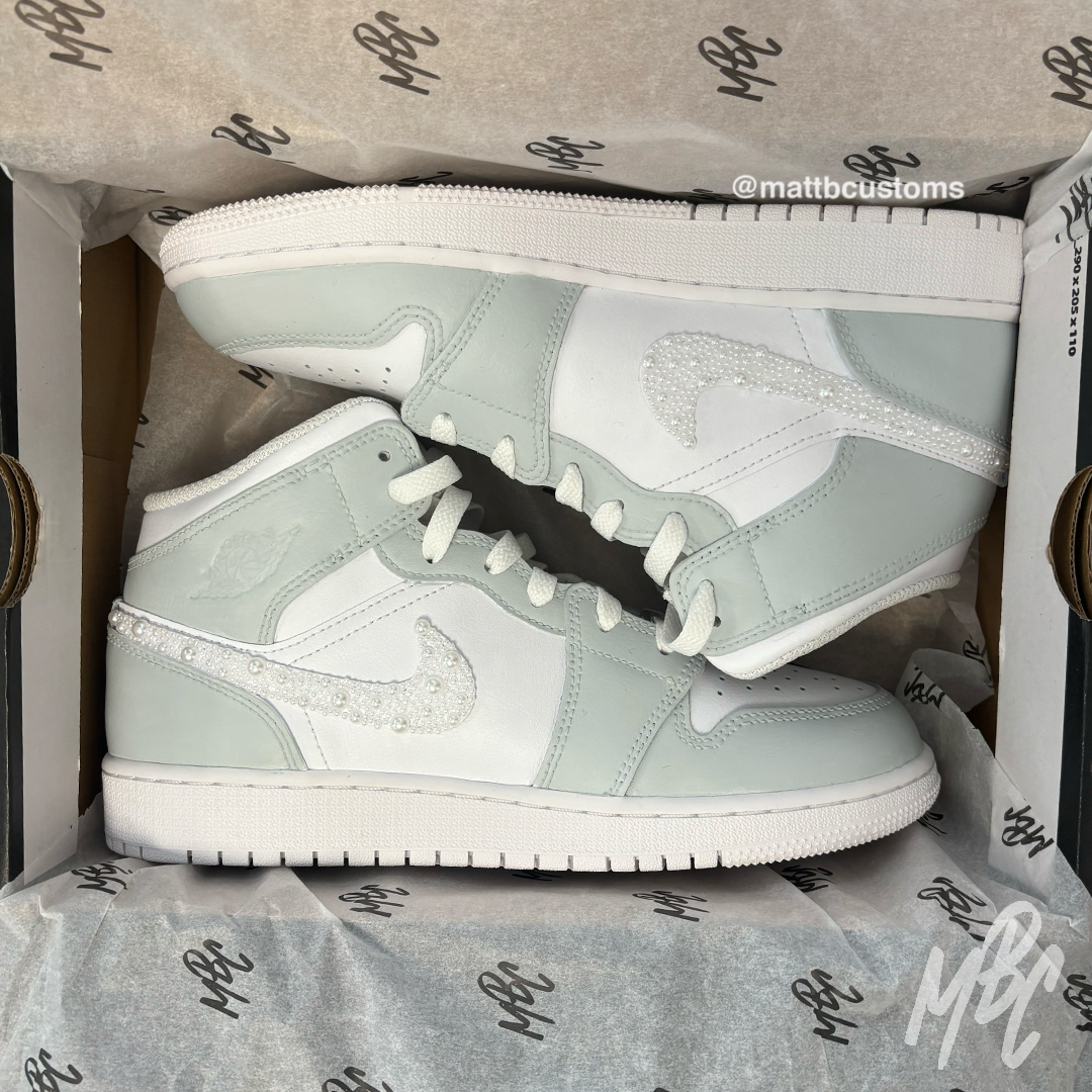 Pearl Swoosh Jordan 1 Mid Custom Trainers 