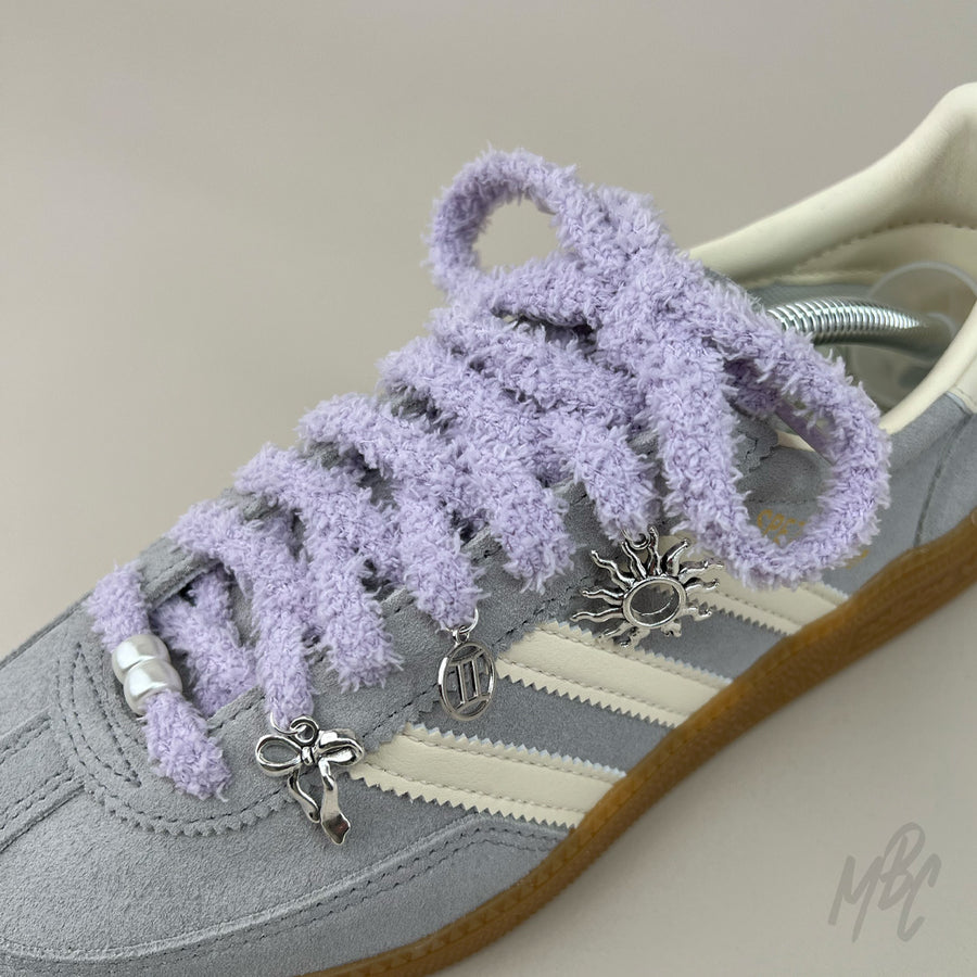 Purple Fluffy Shoelaces on Adidas Grey Spezial