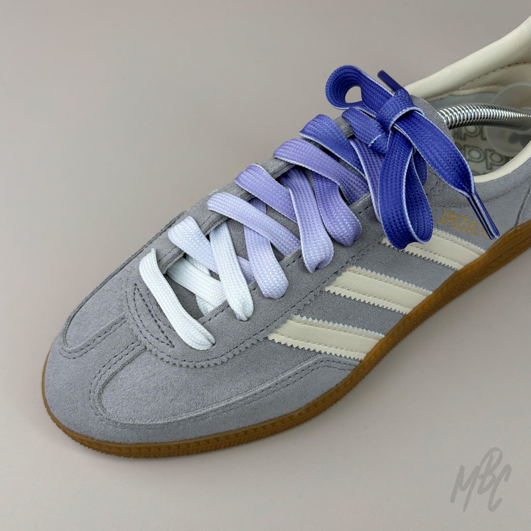 Purple Gradient Shoelaces on Adidas Grey Spezial